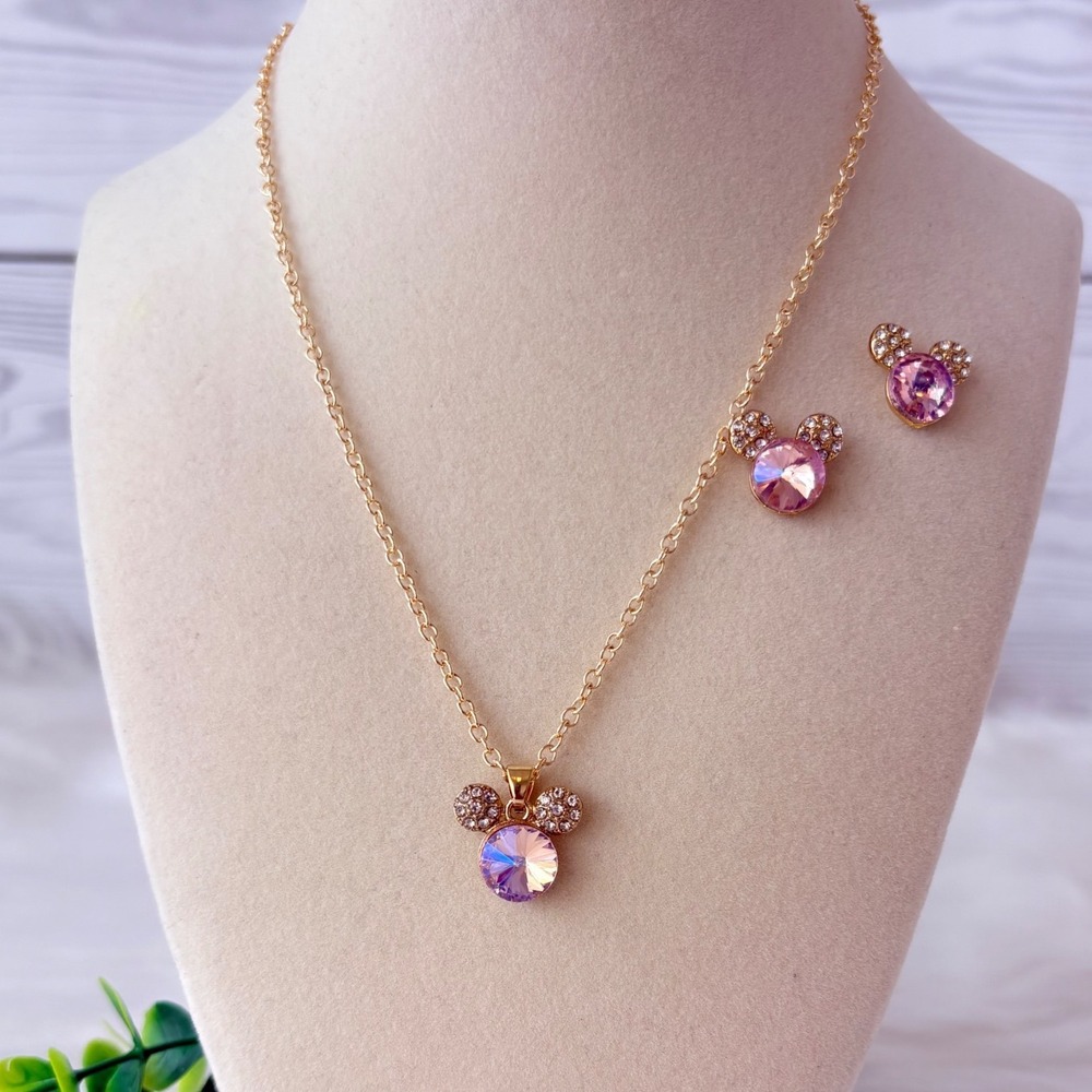Mickey Mouse Iridescent Crystal Necklace and Earring Set Gold Tone